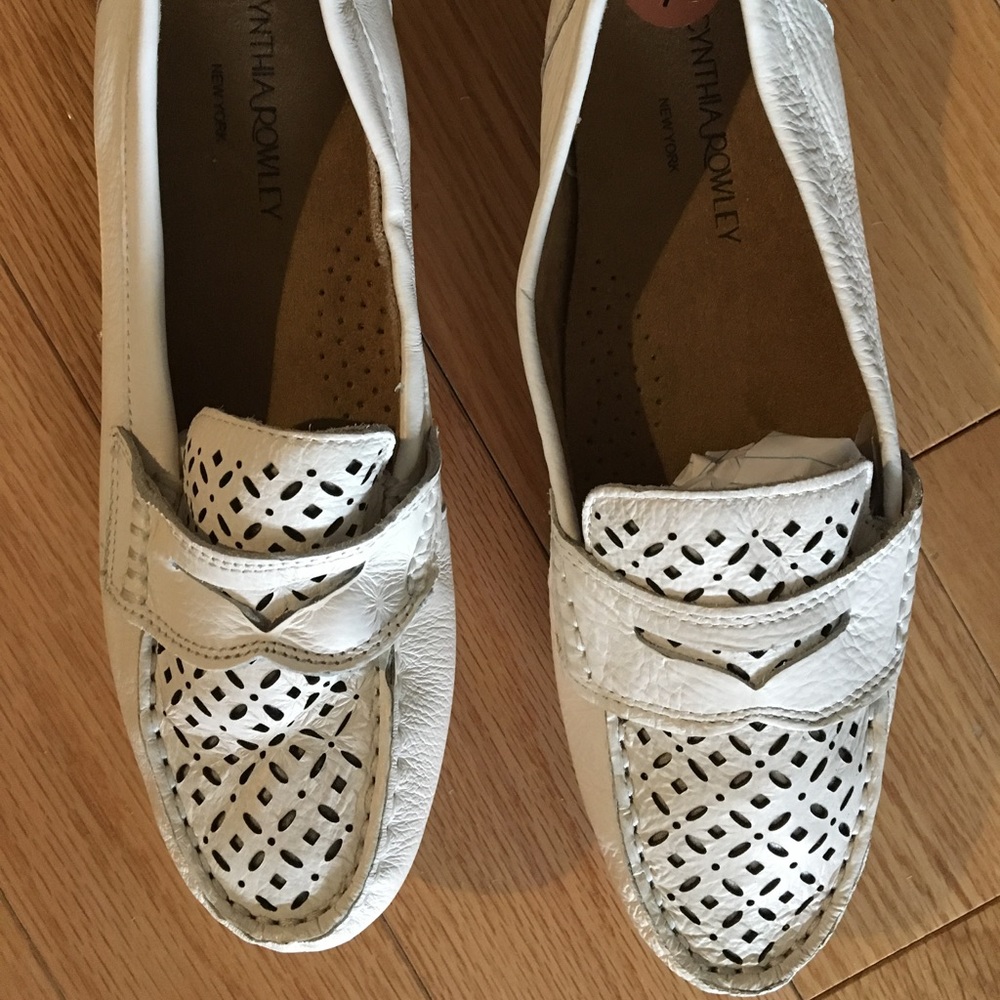 Cynthia Rowley white leather loafer.